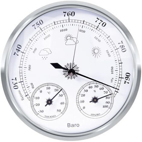 BUNTHAUS tation météo analogique - Station météo analogique pour l'intérieur et l'extérieur - Composé d'un baromètre, d'un thermomètre et d'un hygromètre(Argent,128mm)