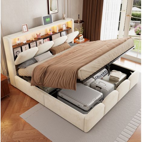 Letto matrimoniale imbottito 140x200 cm in velluto beige con contenitore, USB e LED (1/5)