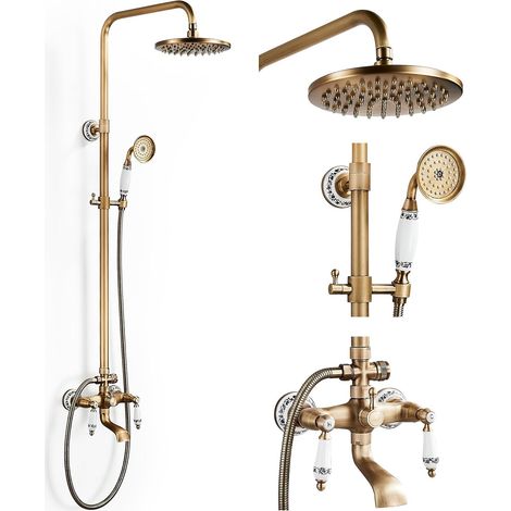 Retro Brass Shower Column with Mixer Tap,  Shower System,  Shower Set,  Wall-Mounted Shower Kit with 20cm Shower Head,  Hand Shower,  Bath Tap,  Adjustable Height 700-1200mm (1/5)