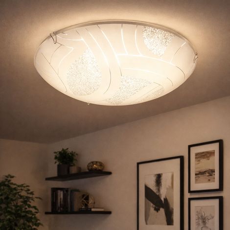 Deckenleuchte Glasschirm Deckenlampe 1-Flammig Kristalle Wohnzimmer Beleuchtung 1-flammig satiniert, Metall chrom, 1x LED 8 Watt 640 lm, DxH 25x8 cm