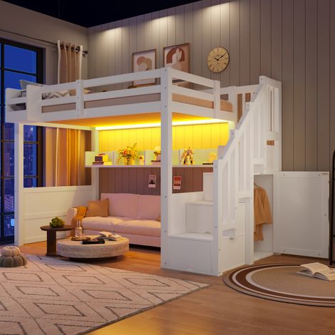 Lit mezzanine- lit simple enfant 90 x 200 cm avec penderie intégrée- escalier- garde-corps- compartiments- LED- charge 120 kg- en pin- Blanc (1/5)