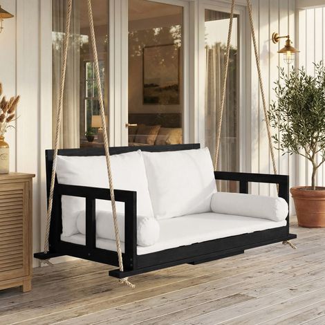 Balancelle Double Suspendue pour Jardin, Bois d’Acacia, Coussin Amovible et Lavable, 2 Cordes – Noir et Beige