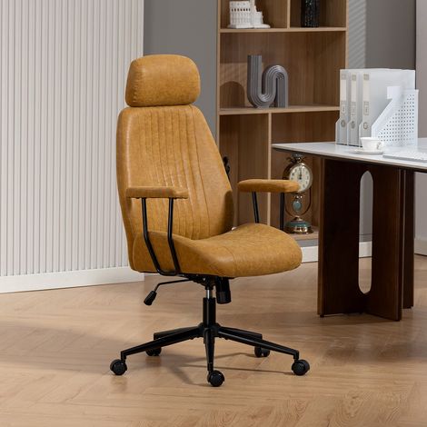 Fauteuil de Bureau Cuir Synthétique Marron, Hauteur Réglable, Pivotant 360°, Inclinable 15°, Charge Maximale 136kg, Fauteuil de Travail avec Appui-tête (1/5)