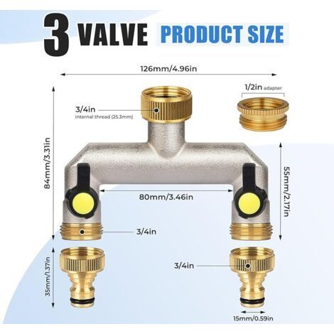 FOREHILL 2-Wege-Messingarmatur mit 1/2-Zoll-Adapter, 2-Wege-Ventilverteiler mit separaten Kugelhähnen, 3/4-Zoll-(26,5-mm)-Schlauchadapter für Bewässerungsschläuche zur Regulierung und Absperrung des W (1/4)