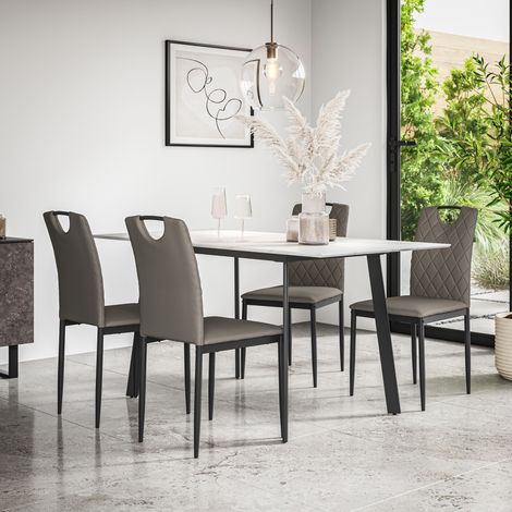 Haydon Extending Dining Table + Chairs- White Marble Effect Table Top w Black Legs + Monza Faux Leather Dining Chair Set Of 4 (Grey) (1/5)
