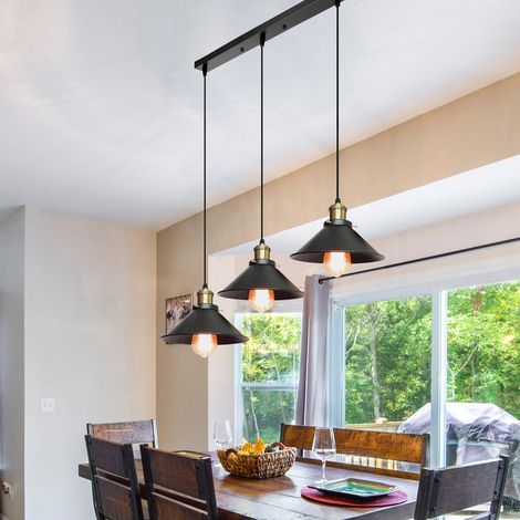 Pendant Lighting Fixture, Vintage 3 Lights Hanging Ceiling Lamp with Lampshade, Industrial Chandelier with Long Pole Light Holder for Bedroom Living Room Kitchen Island - Black with Bronze Base (1/5)