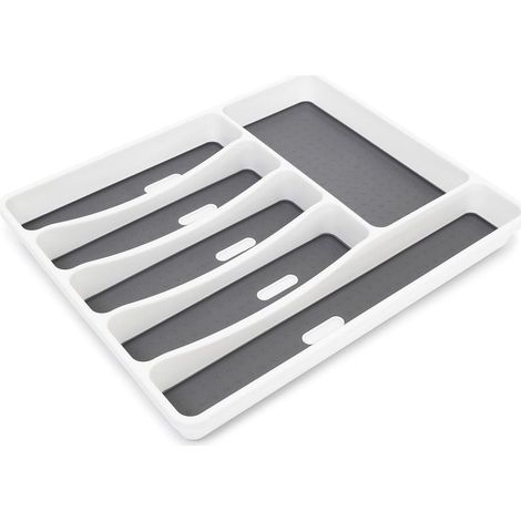 Range-couverts en matière plastique 6 compartiments Rangement tiroir Cuisine 5 x 32,5 x 40,5 cm, couche antidérapante & plots, blanc/ anthracite (1/4)