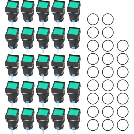 25 Pièces Interrupteur à Poussoir Carré Auto-Verrouillant Avec Voyant Lumineux 16mm 220V 5A Vert (1/5)