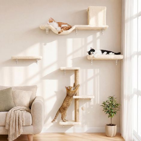 Étagères Murales pour Chat, 4 en 1 Ensemble de Meubles Muraux, Mur d'escalade en Bois avec Griffoir, Pont et Lit pour Chat, Beige (1/5)