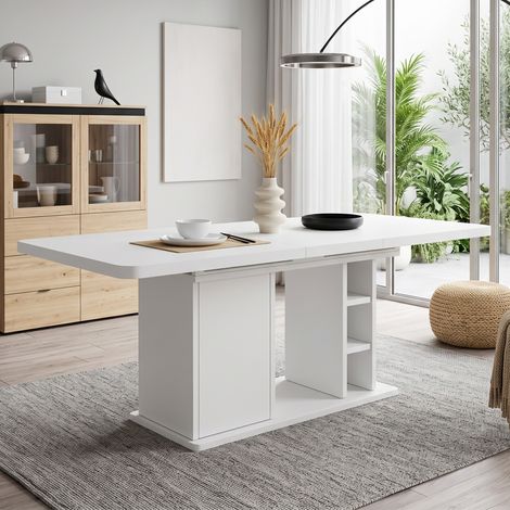 Table extensible 140/180 x 80 cm, pour 6 à 8 personnes, avec rangement intégré, plateau épais, style scandinave, blanc (1/5)