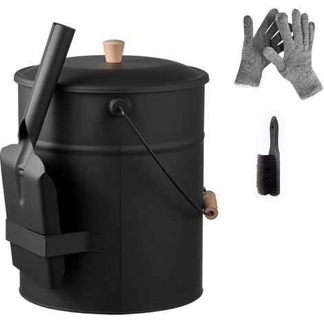 Ascheeimer-Set, 4-teilig mit Deckel, Schaufel, Besen und Handschuhen, Metallbehälter für Kamin und Holzofen, 15 l, für den Innen- und Außenbereich (1/5)