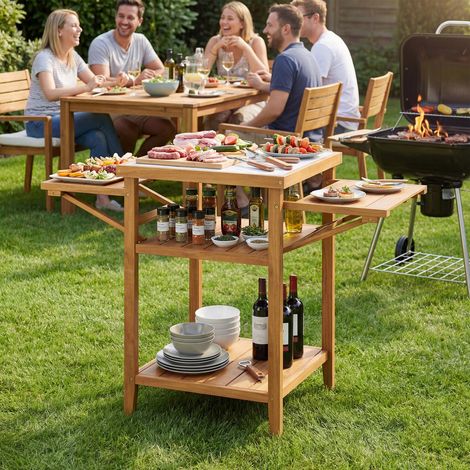 Table de grill extérieure en bois d'acacia avec dessus en faux marbre et panneaux latéraux abattants (1/5)