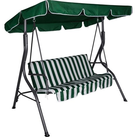 Balançoire de jardin 3 places avec auvent et coussin, vert et blanc, Dimensions 110 x 165 x 180 cm (1/5)