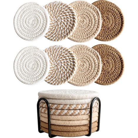 Ensemble de 8 sous-verres pour boissons, bière, café, tissés en coton, absorbants de 4 couleurs avec support, sous-verres bohèmes pour décoration intérieure et protection du plan de table (1/4)