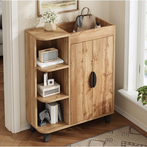 Portascarpe 80x32x99 cm naturale in pannello truciolare con ante a ribalta, ripiano superiore e design salvaspazio (1/5)
