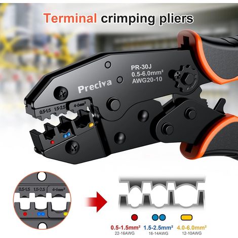 0.5-6mm² Pince a Sertir a Cliquet, Preciva Orange Pince a Sertir Isolées, AWG20-10 (0.5-1.5mm²) (1.5-2.5mm²) (4-6mm²) Pinces a Sertir Cosses Electriques (1/4)