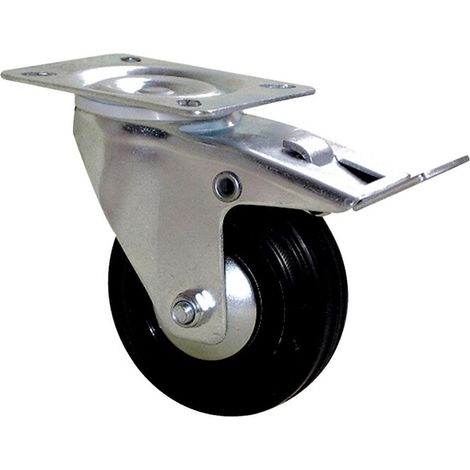 Roulette Port Roll pivotante � frein roue caoutchouc noir �50mm fixation � platine hauteur 68mm charge 50kg