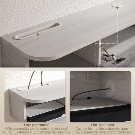 Meuble TV mural blanc et gris 120x26x16 cm, avec 2 étagères ouvertes et armoire porte rabattable, support en bois pour téléviseur (1/5)