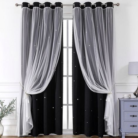 Cortinas opacas de encaje de doble capa, aptas para dormitorios, salas de estar y salones (juego de 2 piezas, 132x160 cm, negras). (1/4)
