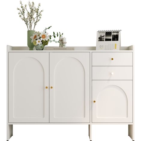 Meuble à chaussures avec 3 portes et 2 tiroirs – Commode à chaussures avec poignées en métal, grand espace de rangement et système anti-basculement pour entrée et couloir, blanc,L120 x H90 x P35 cm