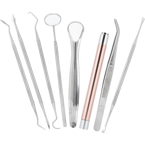 Ensemble de 8 pièces pour détartrer les dents : cure-dents, grattoir à tartre, miroir buccal et lampe de poche. (1/5)