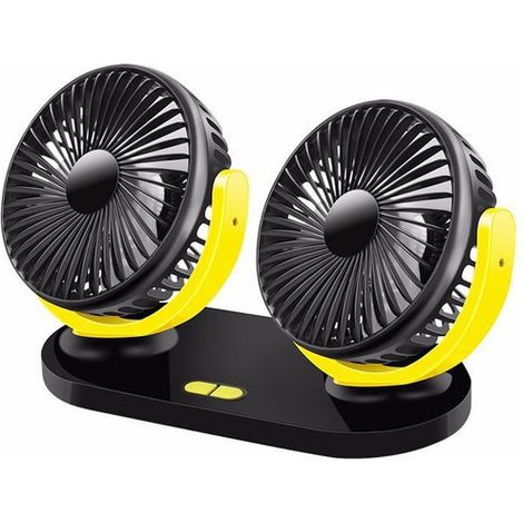 Ventilador USB para coche: diseño de doble cabezal, 3 velocidades, ajuste de 360°, apto para coches, autocaravanas, camiones y asientos traseros. Combinación de colores negro y amarillo. (1/5)