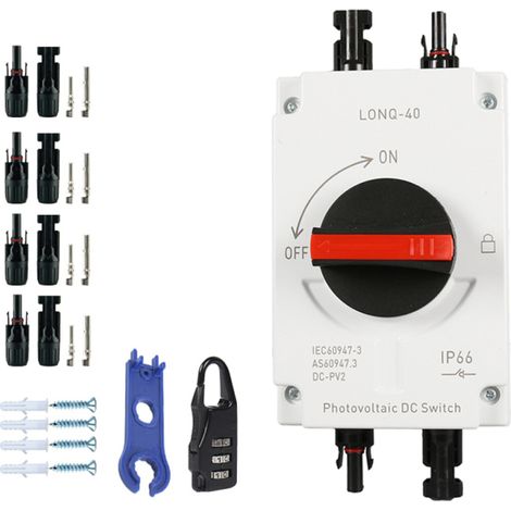 Interrupteur de sectionnement à courant continu photovoltaïque 32 A 4 pôles, étanche et conçu pour une utilisation extérieure (IP66). (1/5)