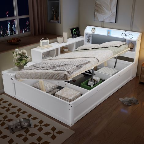 Lit coffre hydraulique 120x200 cm avec LED, rangement et station de charge, ouverture réversible, bois blanc (1/5)