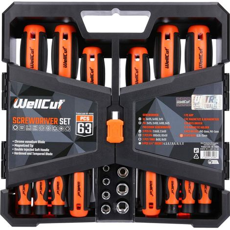 WELLCUT WC-RSD63 - Set di 63 cacciaviti di precisione a cricchetto e impugnatura antiscivolo e punte magnetiche in acciaio robusto, in una custodia portatile per fai da te e applicazioni professionali (1/5)