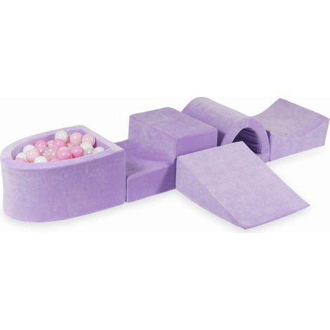Schaumstoffspielplatz mit Brücke und Pool, Micro Velvet Soft Purple + 100 Bälle: transparent, weiß, hellrosa, puderrosa