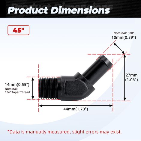Aluminum 45°/90° hose barbed push-in oil/gas pipe reducer adapter - 1/4-3/8-45° (1/4)