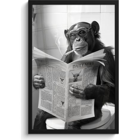 Framed Poster Monkey - WC - Newspaper - Black and white - Humor 40x60 cm (1/5)