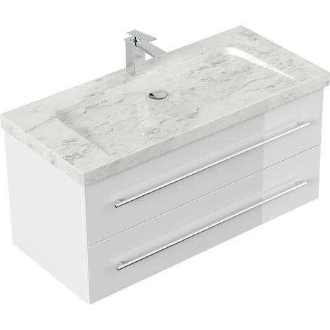 Badmöbel Marmor Carrara White Damo 100 cm 1 Hahnloch SoftClose weiß hochglanz