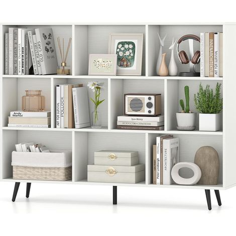 GOPLUS Bibliotheque à 3 Niveaux, Étagère Blanche en Bois avec 10 Compartiments, 4 Pieds Métalliques Inclinés, Dispositif Anti-basculement, Meuble de Rangment pour Salon, Bureau, 140x24x107CM (1/5)