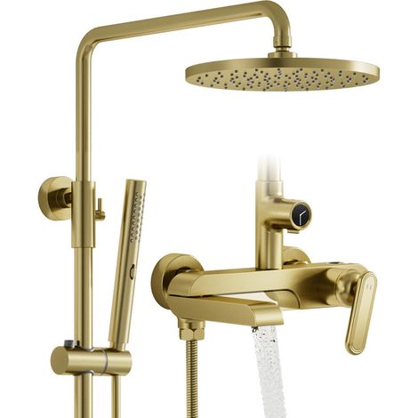 Colonne de douche, douche or brossé, robinet de baignoire pivotant Équipé d’un corps de vanne en laiton, douche de tête 250 mm, douchette multifonction 3 modes et robinet de baignoire pivotant (1/5)
