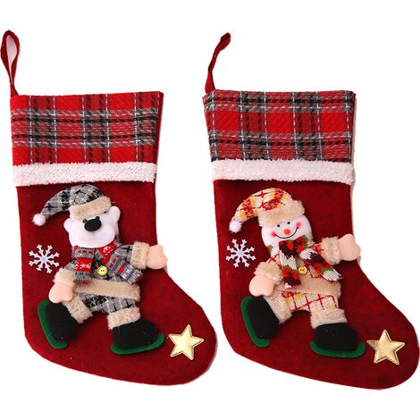 Calcetines navideños de felpa a cuadros 3D (juego de 2), 40 x 24 cm, decoración para árbol de Navidad y chimenea. (1/4)