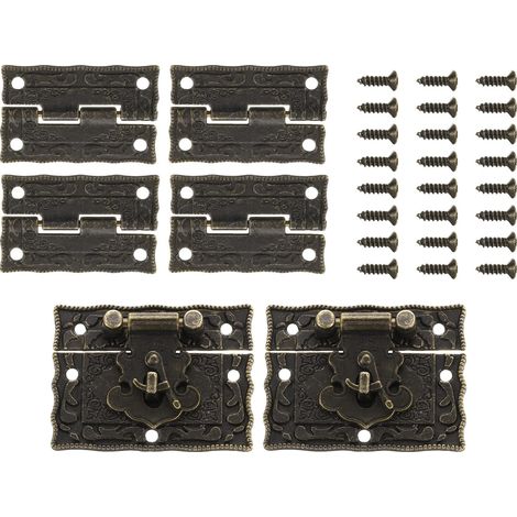 2Pcs Mini Serrures à Loquet en Alliage de Bronze Rétro with 4Pcs Charnières Gravées, 40 x 30mm Boucle à Loquet Et Charnière à Motif with 24Pcs Vis Pour Armoire Petite Boîte Bois (1/5)