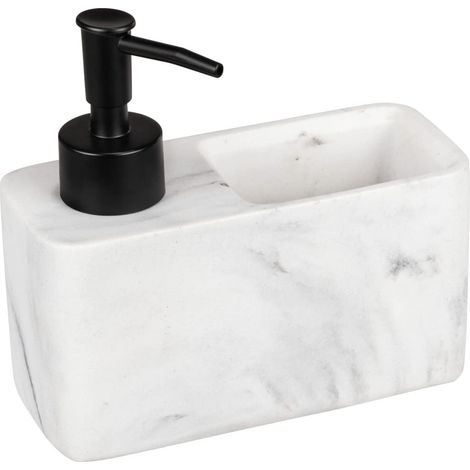Distributeur de produit vaisselle Resa Marbre, distributeur de savon, visuel marbré avec compartiment à éponge (incluse), rechargeable, contenance env. 150 ml, 14,5 x 14,3 x 6 cm, blanc/noir (1/5)
