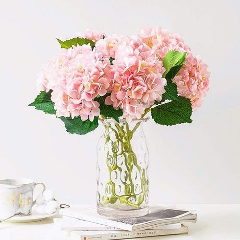 Bouquet de 3 fleurs d'hortensia artificielles en soie pour mariage, bureau, maison, fête (toutes roses)-AquaForge (1/5)