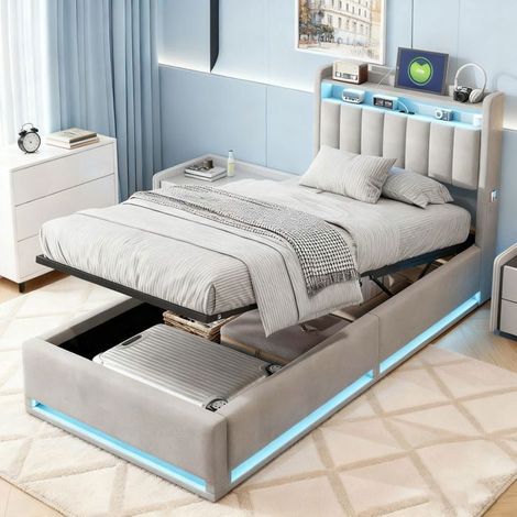 Cama lit coffre - Elegante - 90 x 200 cm - Terciopelo gris - Somier de lamas, LED y USB (1/5)