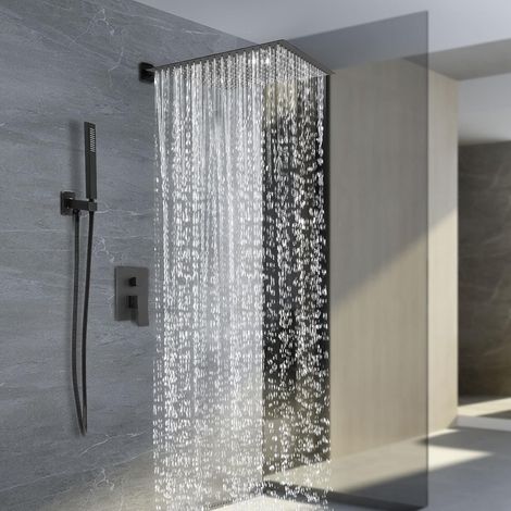 Duschsystem 40x40cm, Duscharmatur Komplettset Schwarz Unterputz Regendusche 360° Drehbare für Häuser Hotel Schulen Fitnessstudios Schwimmbäder Wohnungen