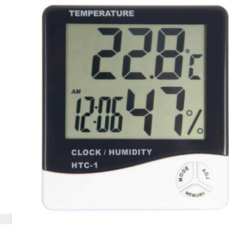 Termometro e igrometro digitale HTC-1 con orologio, sveglia/calendario, 5 funzioni, ampio schermo, supporto da tavolo e montaggio a parete, colore bianco.