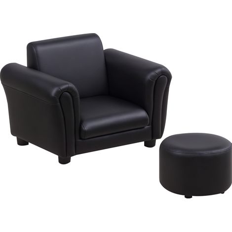 Toddler Chair Single Seater Kids Sofa Set-54 x 42 x 41cm-Kids Sofa with Stool-Black (1/5)