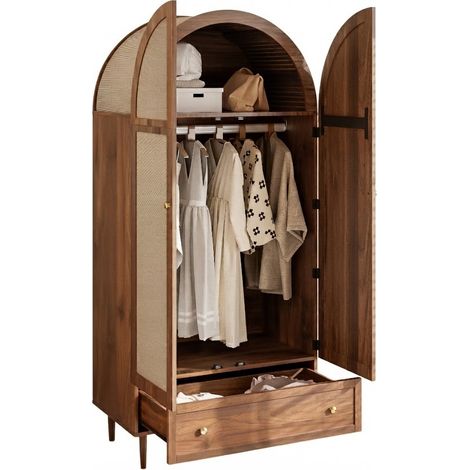 ELVMI Kleiderschrank mit 2 Stofftüren und 1 Schublade, Kleiderstange und Regalfächern, aus MDF, 79 × 50 × 175 cm, Holz (1/5)