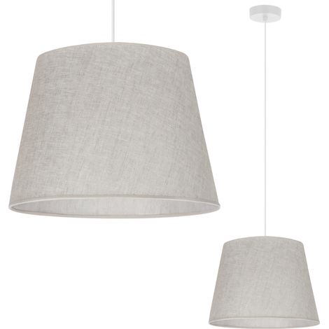 LAMPADA A SOSPENSIONE, CONO IN LINO, BIANCO, 1 PIATTO, PARALUME BEIGE CHIARO, L01 38CM (1/5)