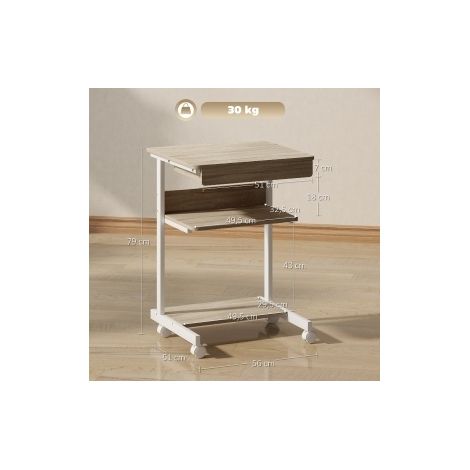 Bureau compact à roulettes avec tiroir et étagères, panneau de particules et métal, 56 x 51 cm (1/5)