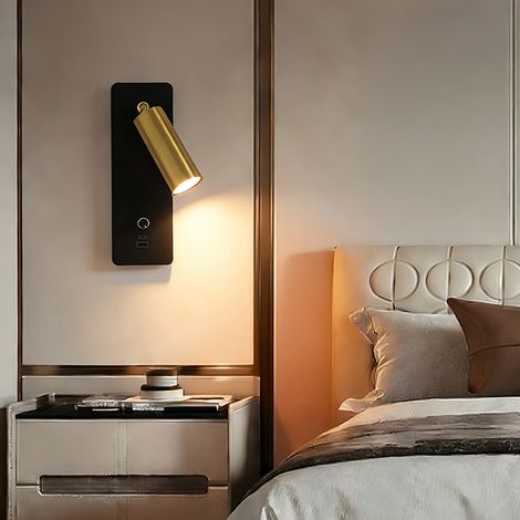 Lumière murale LED, rotation 350°, réglage de la luminosité, avec port USB Type-C, 8W 3000K, lampe de chevet de style minimaliste, décoration chambre, Noir or