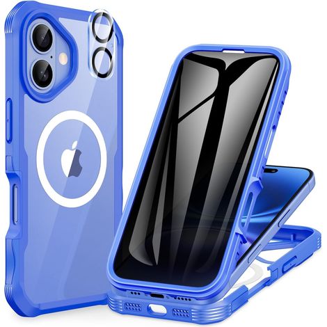 Magnétique Anti Espion Coque iPhone 16 Plus, Compatible avec MagSafe intégré Verre Trempé Protection écran et Protecteur Caméra, Antichoc Téléphone Housse Double Etui Intégrale -Bleu Clair (1/5)