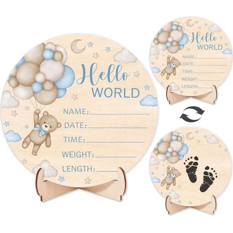 Panneau de naissance en bois double face Ours bleu - Carte « Bonjour le monde » avec empreinte de pied au verso, accessoire photo pour la maternité, cadeau de naissance et décoration pour chambre de b (1/5)