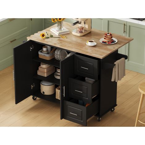 Modernluxe - Îlot central de cuisine mobile à plateau extensible, porte-serviettes et roulettes, 3 tiroirs et 2 portes, MDF - noir (1/5)